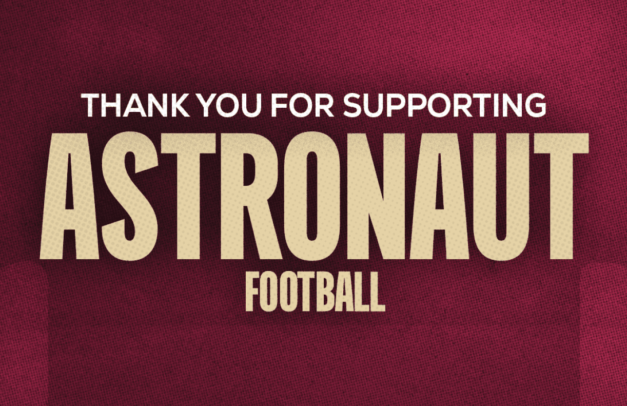 Thank you for supporting Astronaut Academy is displayed in bold text on a textured dark red background. Description generated by AI