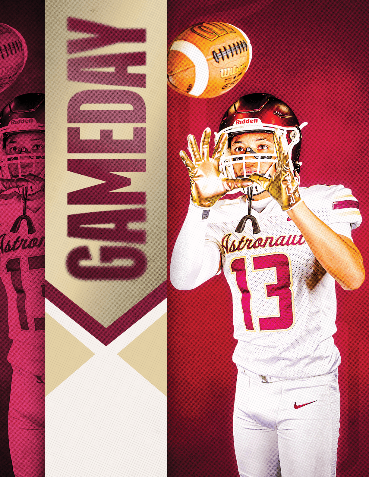 A person wearing a football uniform with the number 13 is preparing to catch a football against a red background with the word “GAMEDAY" displayed vertically. Description generated by AI