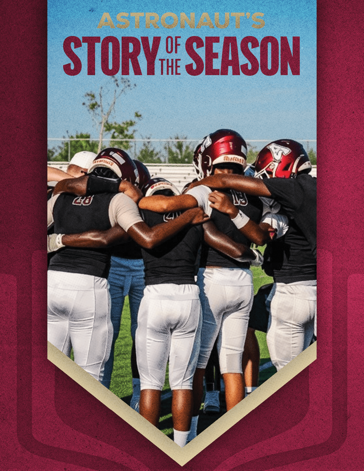 Three people in football uniforms stand together with one holding a championship belt, another holding a baseball bat, and the third holding a football, under the text “Astronaut's Story of the Season." Description generated by AI