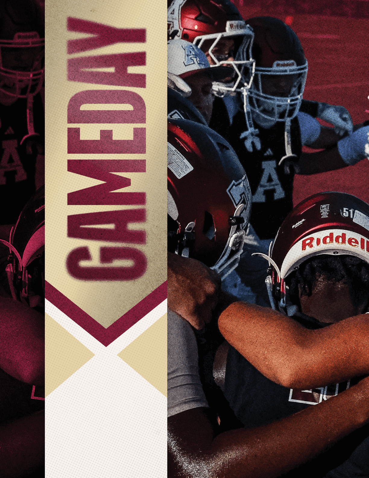 A person wearing a football uniform with the number 13 is preparing to catch a football against a red background with the word “GAMEDAY" displayed vertically. Description generated by AI