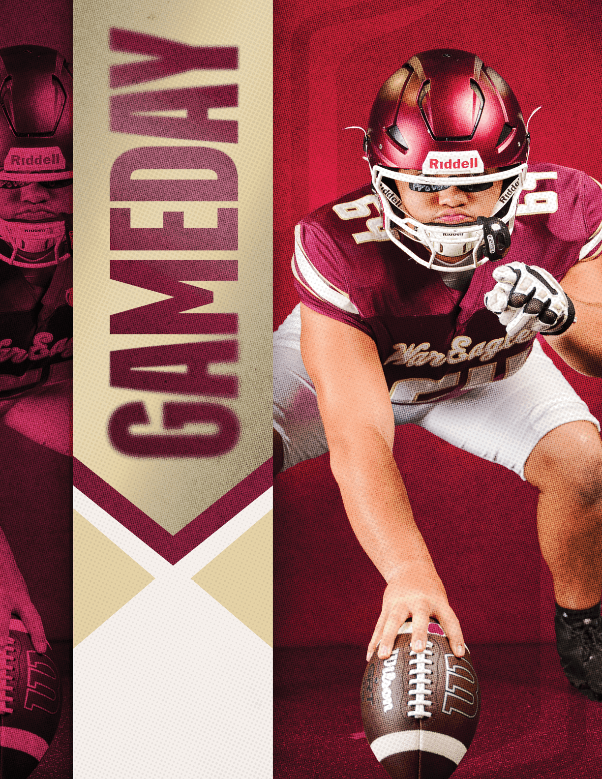 A person wearing a football uniform with the number 13 is preparing to catch a football against a red background with the word “GAMEDAY" displayed vertically. Description generated by AI