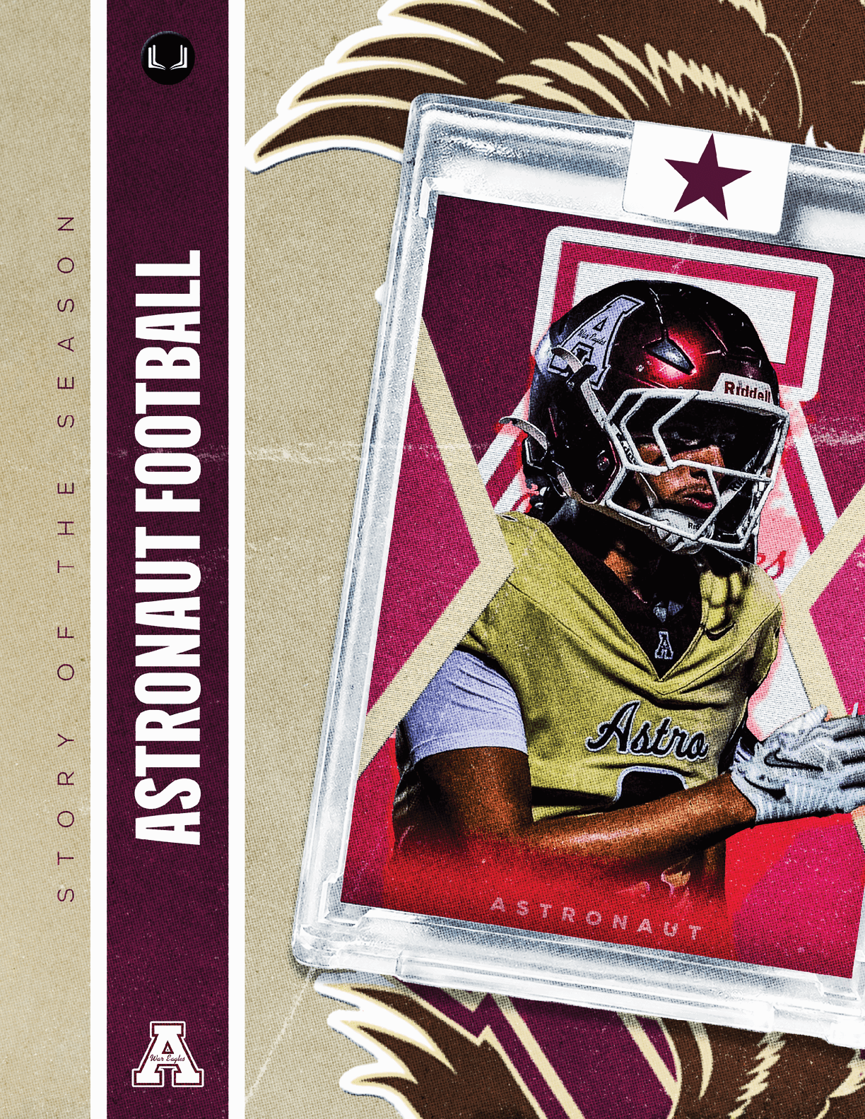 A blue and white card with a football player on it. Description generated by AI