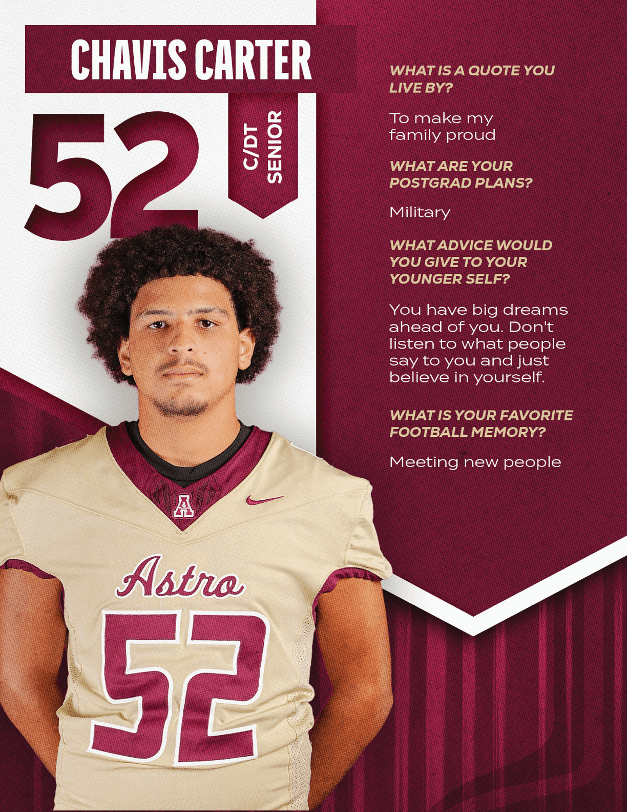 An adult wearing a football uniform with the number 52 stands in front of a maroon background with text about personal quotes, postgrad plans, advice, and favorite football memory. Description generated by AI