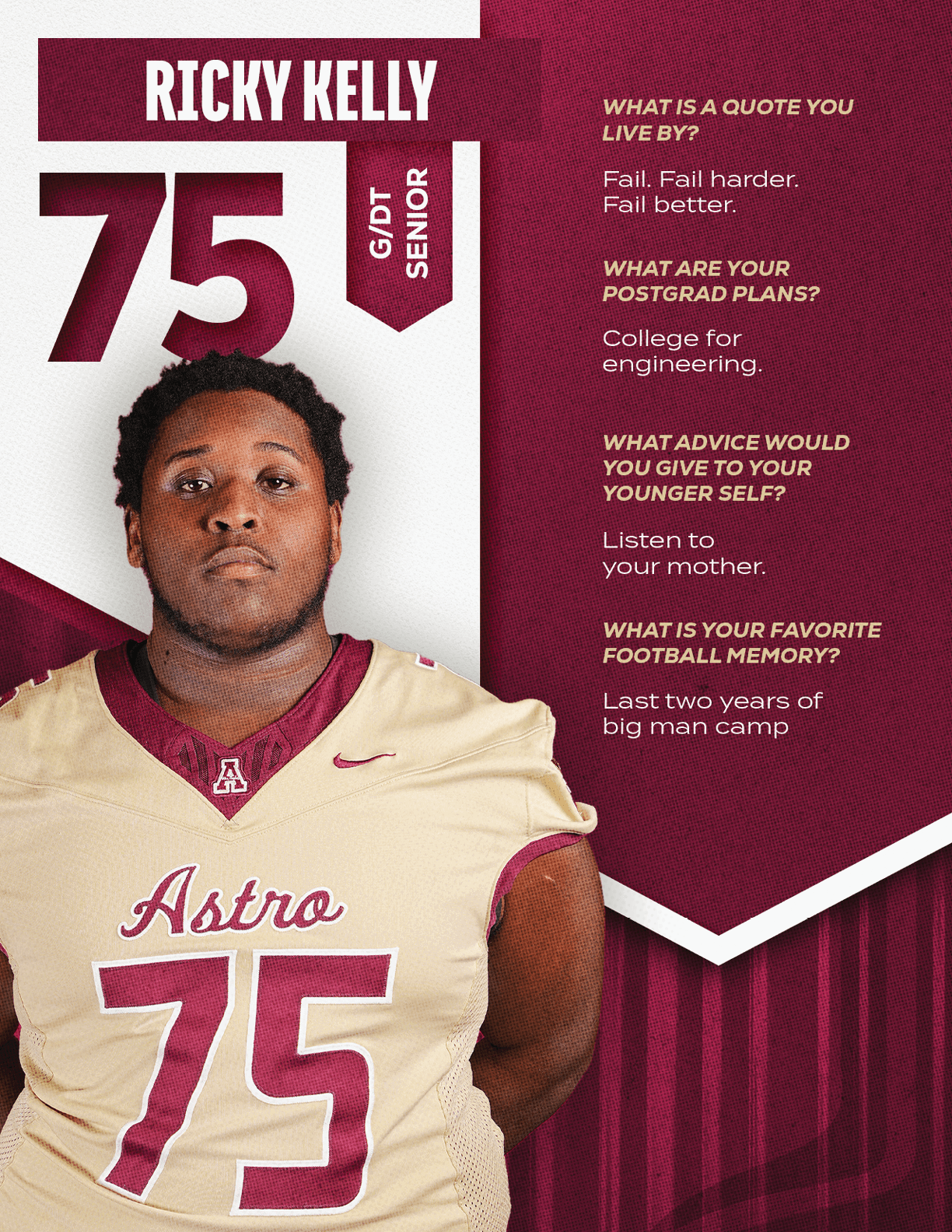 A person wearing a football jersey with the number 75 and the name Ricky Kelly is shown alongside text with a motivational quote, postgrad plans, advice to a younger self, and a favorite football memory. Description generated by AI