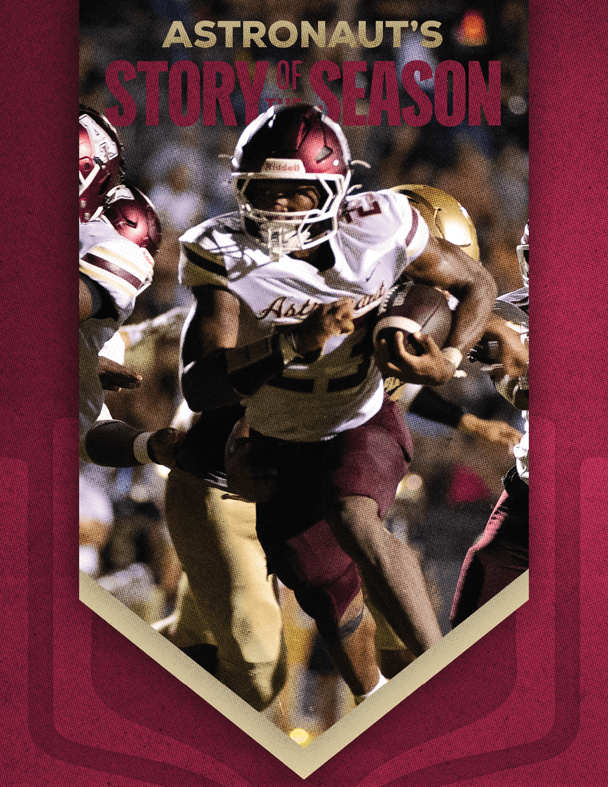 A person wearing a football uniform is running with the ball while being pursued by opposing players on a field with the text “Astronaut's Story of Season" above. Description generated by AI