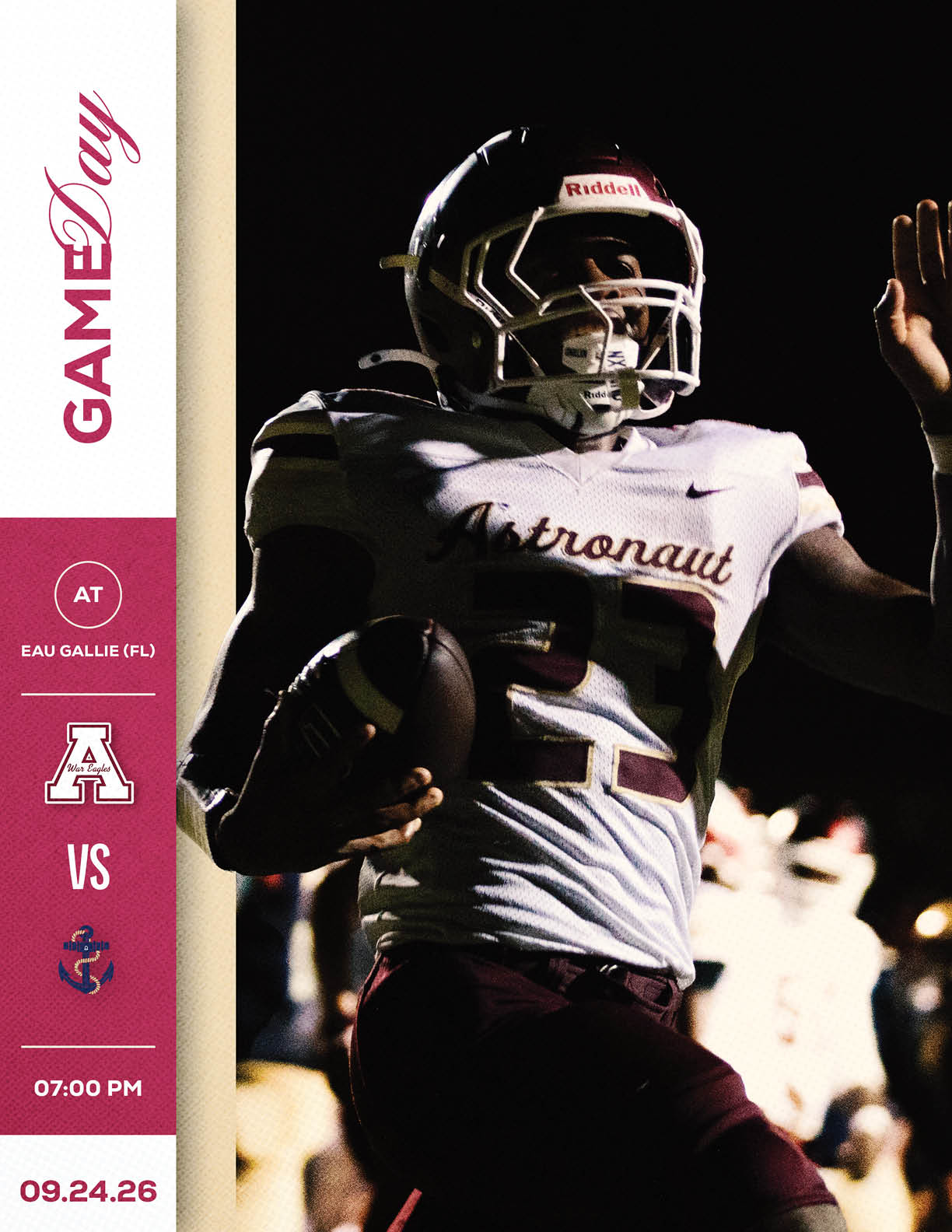 A person in a football uniform holding a football and raising one arm is featured next to a graphic showing a football game scheduled between teams with logos resembling a letter A and an anchor, set to take place at Eau Gallie at 7:00 PM on 09.24.26. Description generated by AI