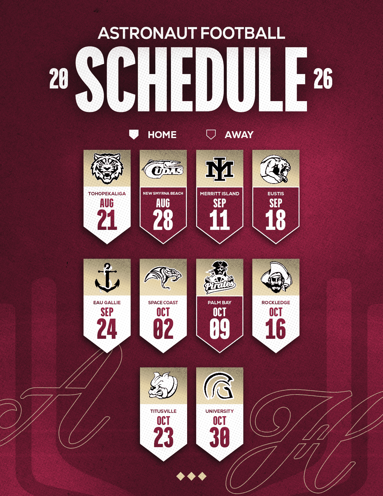 The 2026 Astronaut Football schedule is displayed on a maroon background with team logos and dates for home and away games from August to October. Description generated by AI