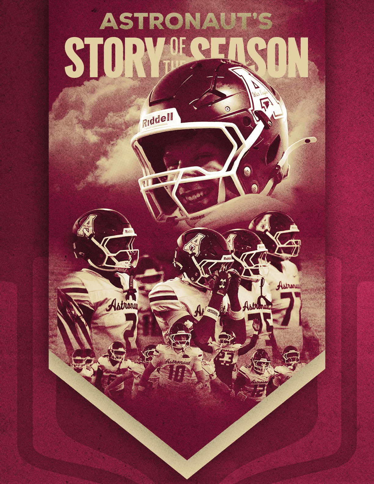 A stylized graphic features multiple people wearing football helmets and uniforms with the word “Astronauts" and a large football helmet above them, set against a cloudy sky background with the text "Astronaut's Story of the Season." Description generated by AI
