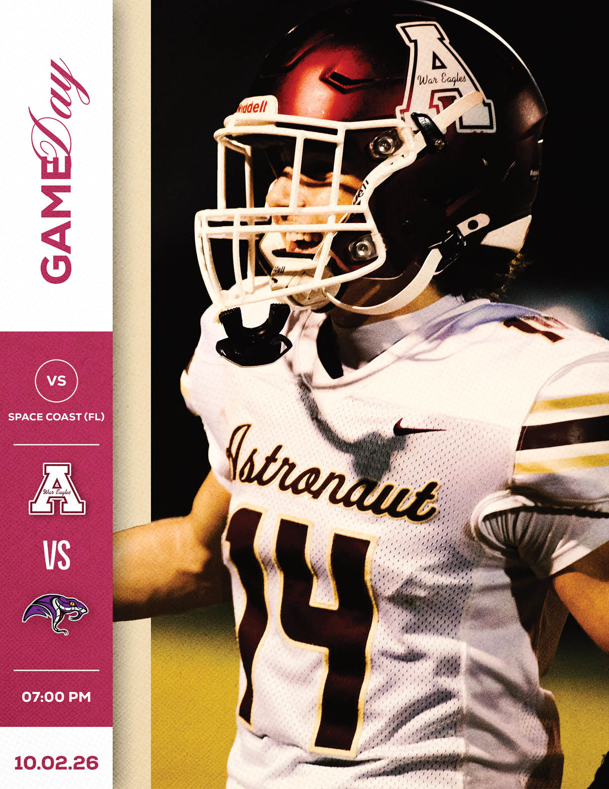 A person wearing a white football jersey with the number 14 and a maroon helmet is shown next to a graphic announcing a football game between Astronaut and Space Coast (FL) scheduled for 7:00 PM on 10.02.26. Description generated by AI
