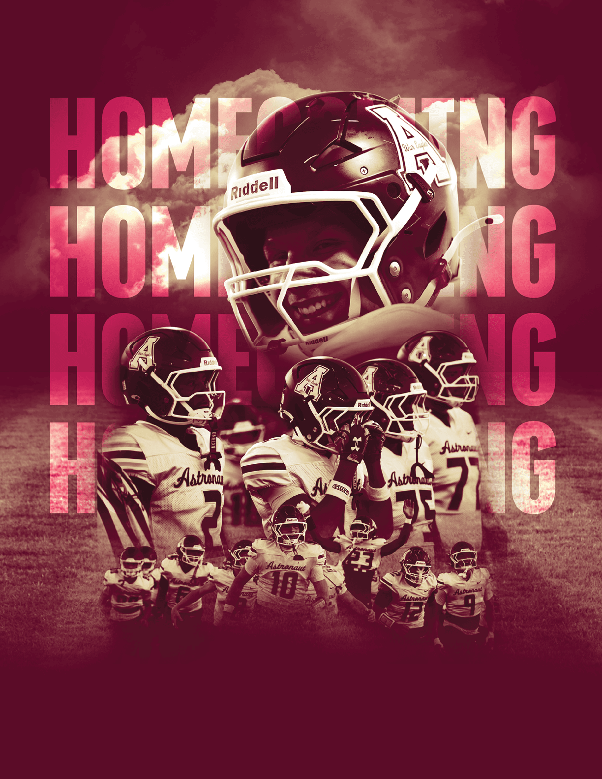 A stylized collage features multiple football players in helmets and uniforms with the word “HOMECOMING" repeated in large letters behind them against a dramatic sky background. Description generated by AI
