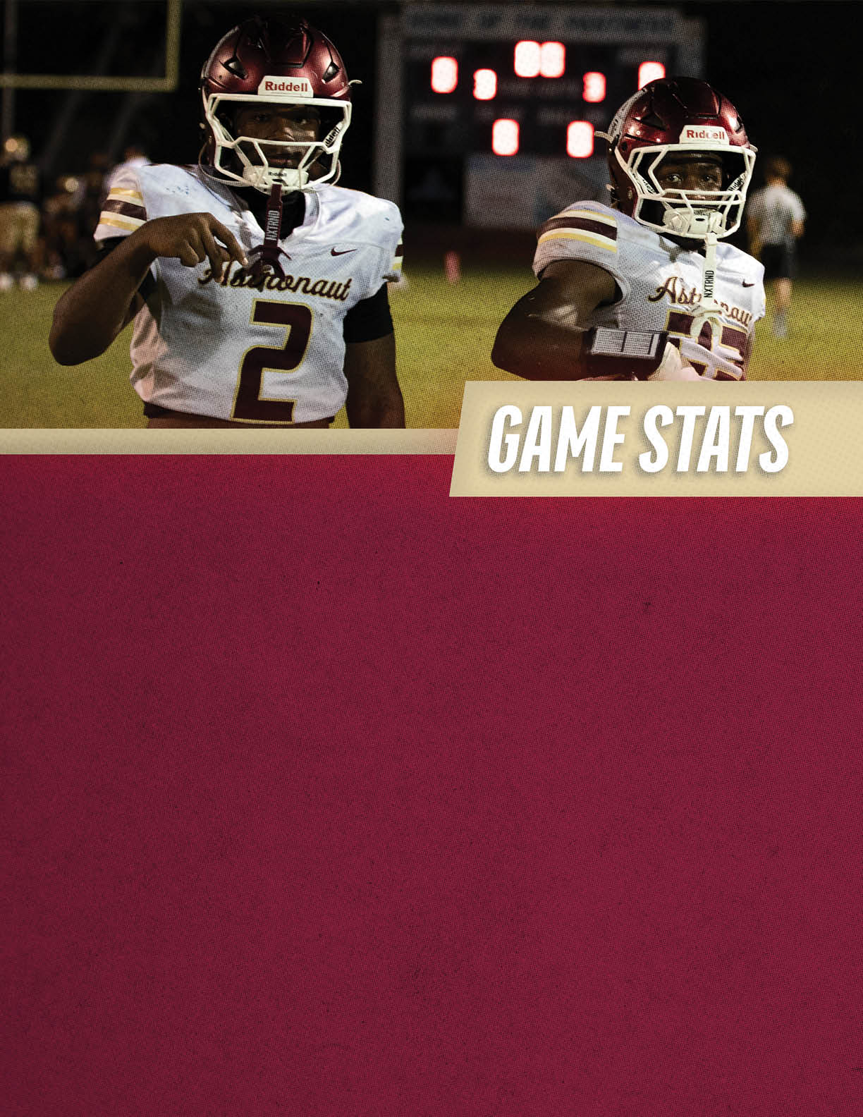 Two people in football uniforms and helmets stand on a field with a scoreboard in the background and a graphic overlay reading “GAME STATS." Description generated by AI