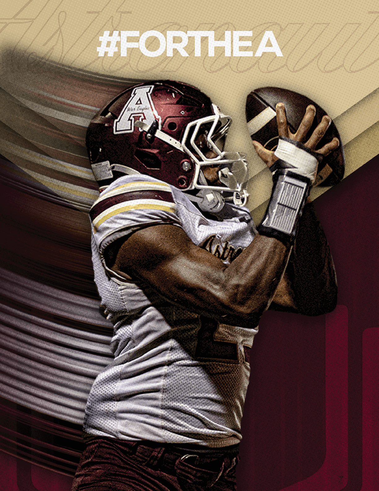 A person wearing a football uniform and helmet is catching a football with both hands against a background with the text #FORTHEA. Description generated by AI