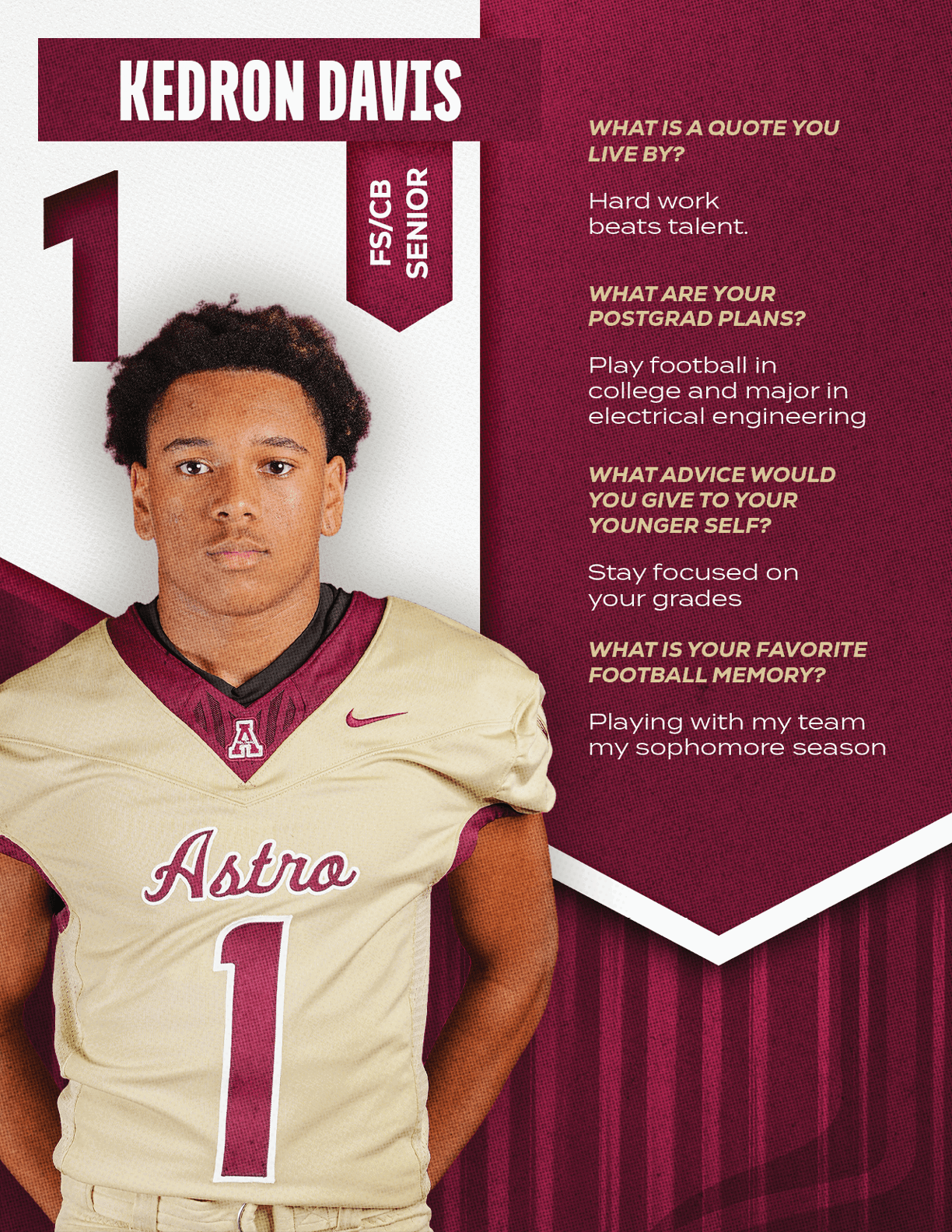 A person wearing a football jersey with the name Kedron Davis and the number one stands next to text about their work ethic, postgrad plans, advice to younger self, and favorite football memory. Description generated by AI