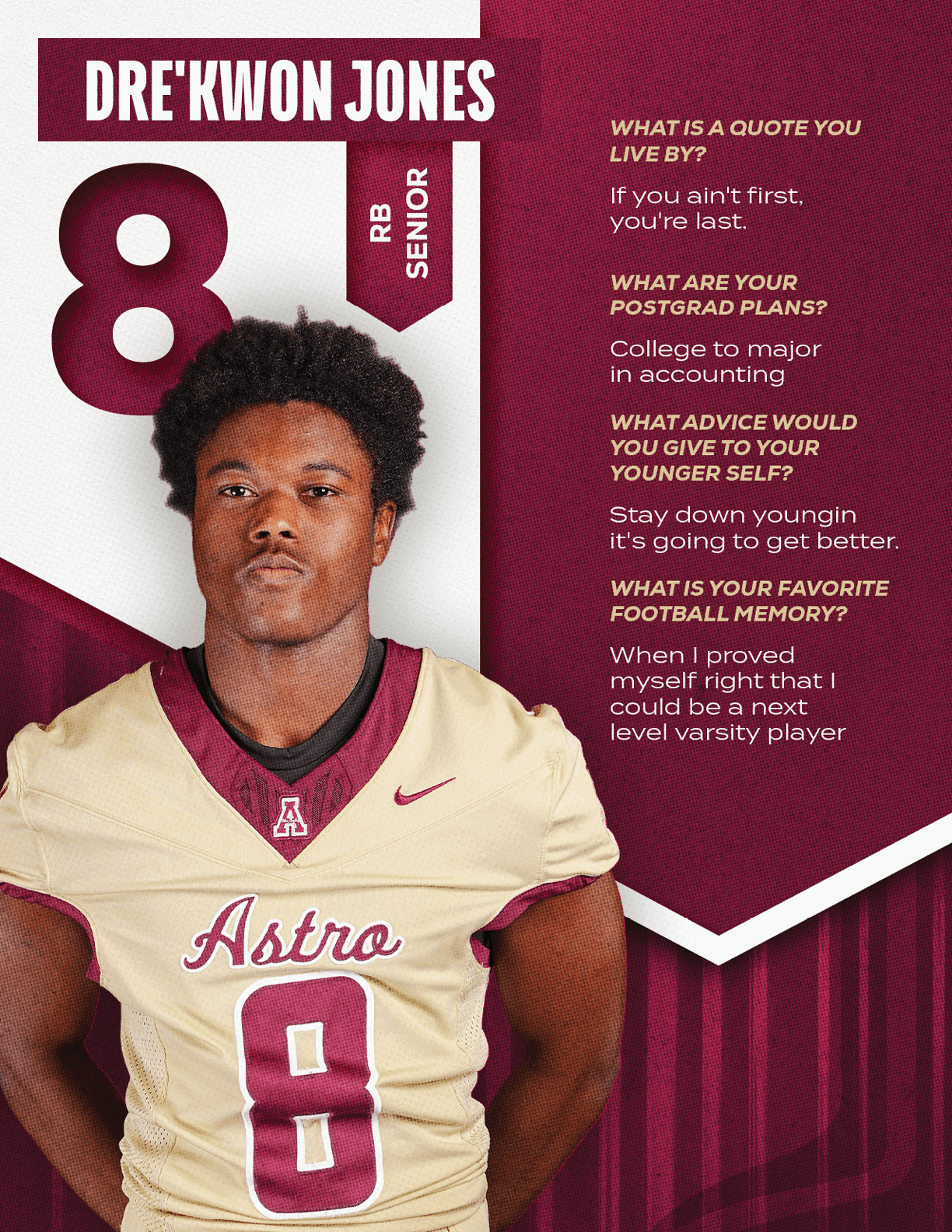 A person wearing a football jersey with the number 8 and the name Dre'Kwon Jones stands with hands on hips next to text about their postgrad plans, advice for younger players, and favorite football memory. Description generated by AI