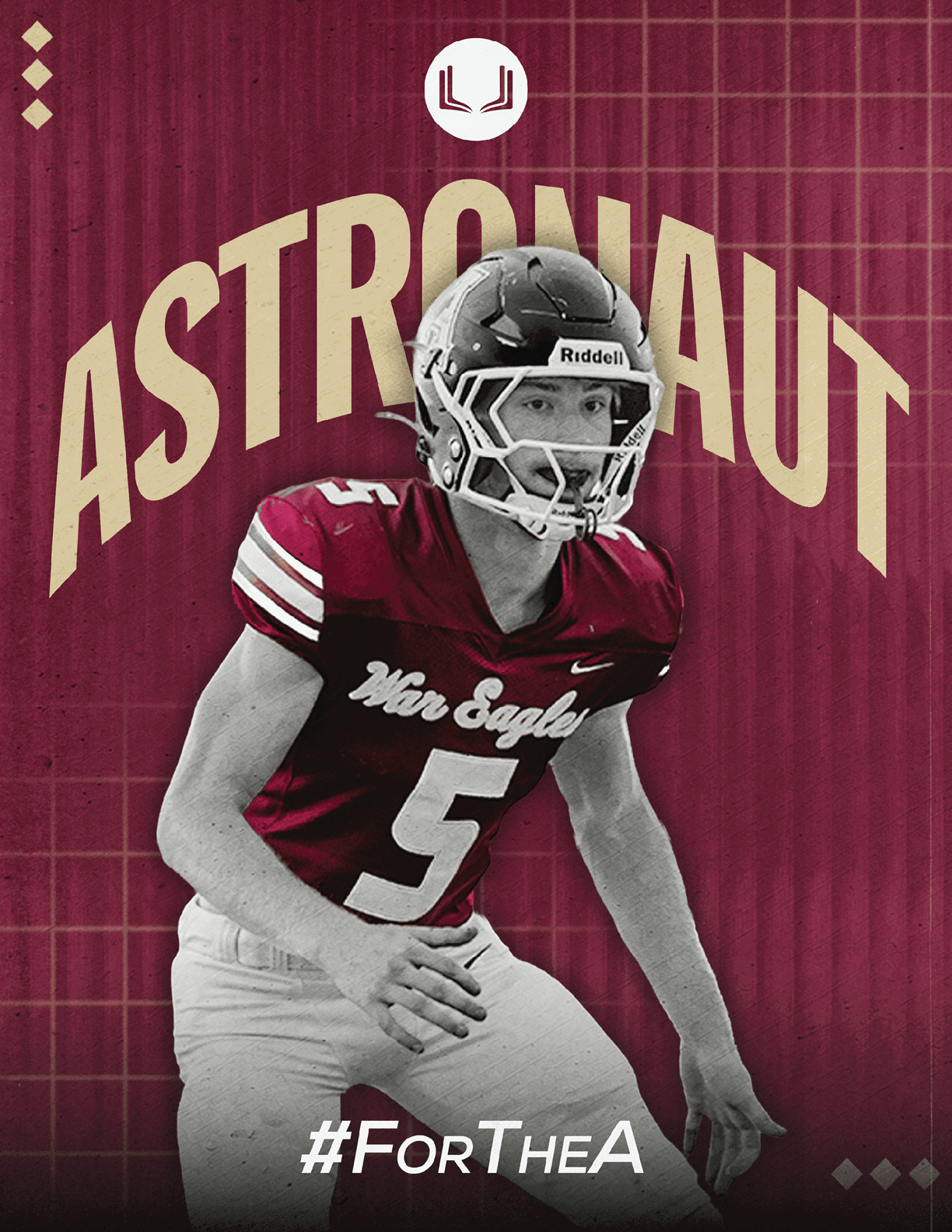 A person wearing a football uniform with the number 5 and a helmet is positioned in front of a maroon background with the word ASTRONAUT and the hashtag #ForTheA. Description generated by AI