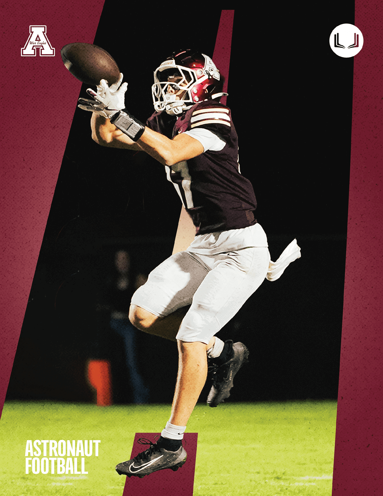 An adult wearing a football uniform and helmet is jumping to catch a football on a grassy field at night. Description generated by AI