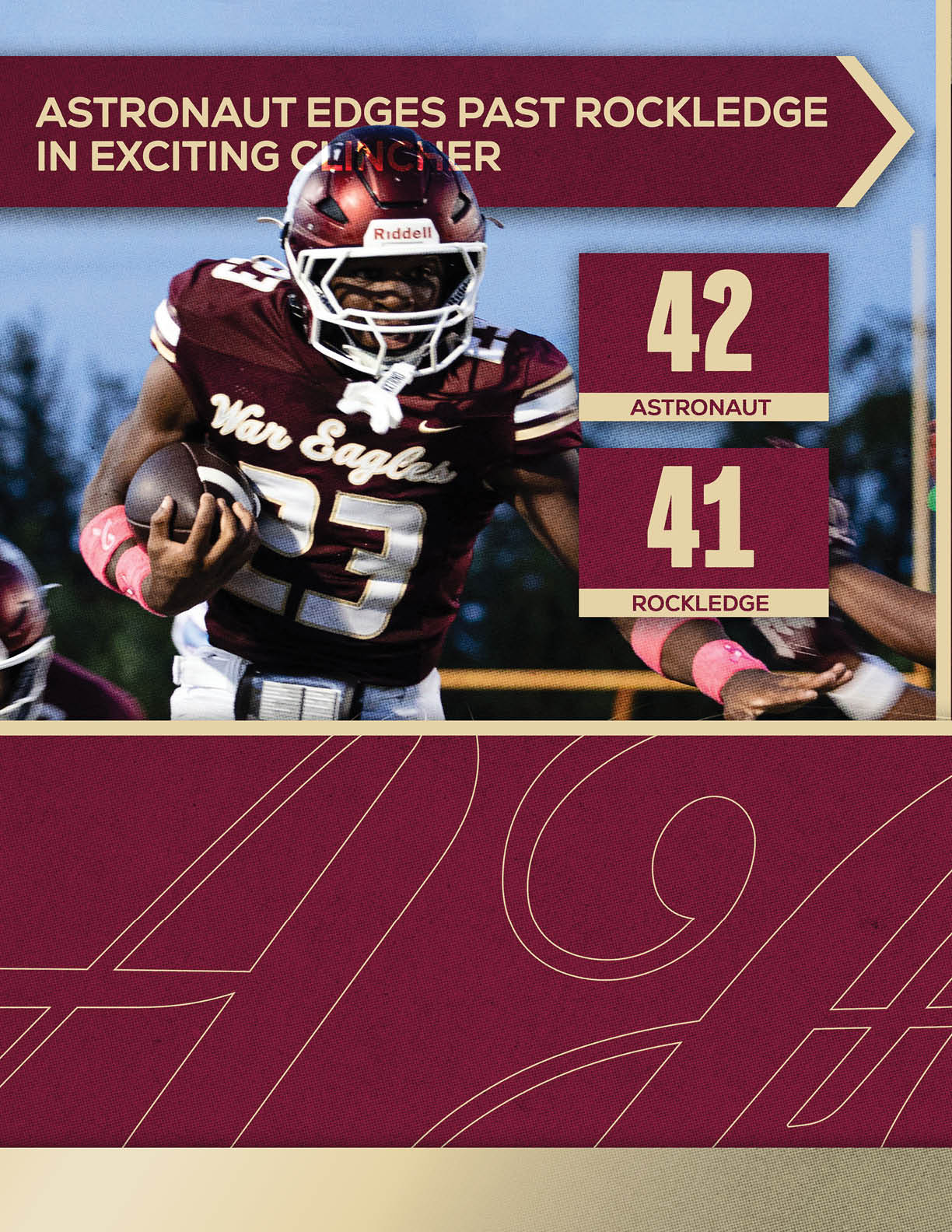 A football player is running with the number 14 on his jersey. Description generated by AI