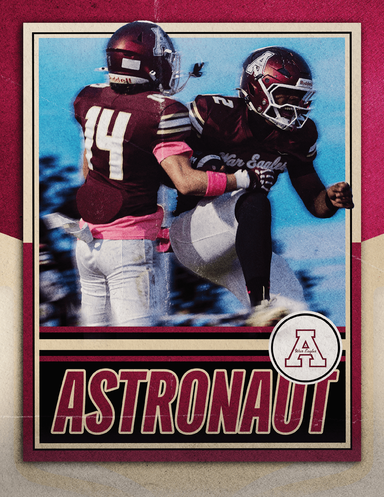 Two people in football uniforms celebrate on a sports card with the word “ASTRONAUT" and a circular logo containing the letter A. Description generated by AI