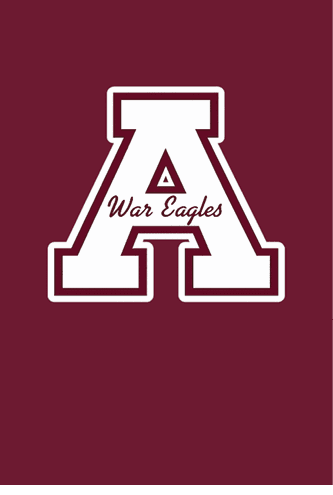 A large white letter A with the words War Eagles written in cursive across the middle on a maroon background. Description generated by AI