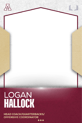 A sports card design featuring the name Logan Hallock with titles Head Coach, Quarterbacks, and Offensive Coordinator on a maroon and beige background. Description generated by AI