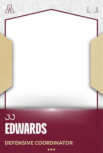 A sports card design featuring the name JJ Edwards with the title Defensive Coordinator on a maroon and beige background. Description generated by AI