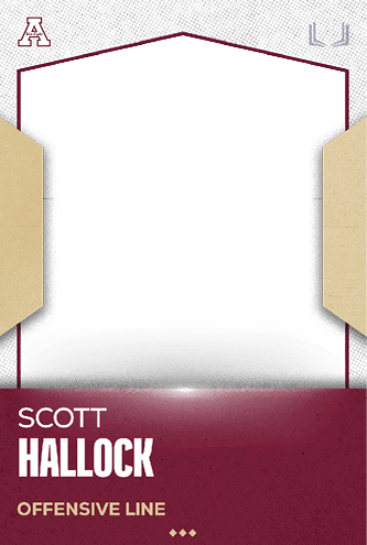 A sports card design featuring the name Scott Hallock and the position Offensive Line with a maroon and beige color scheme and a blank central area. Description generated by AI