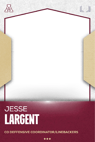 A sports card design featuring the name Jesse Largent with the title co defensive coordinator/linebackers on a maroon and beige background. Description generated by AI