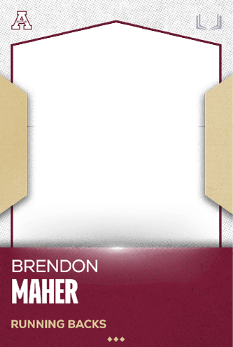A sports card design featuring the name Brendon Maher with the position Running Backs on a maroon and beige background. Description generated by AI