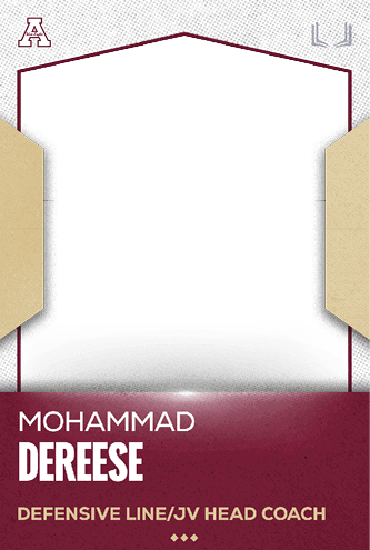 A sports card design featuring the name Mohammad Dereese with the title Defensive Line/JV Head Coach on a maroon and beige background. Description generated by AI