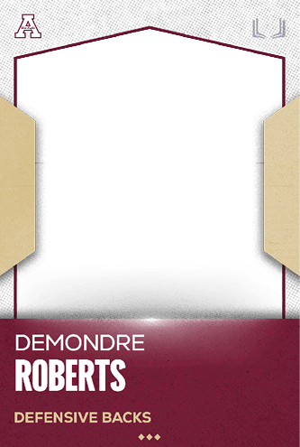 A sports card design with a maroon and beige color scheme featuring the name Demondre Roberts and the position Defensive Backs. Description generated by AI