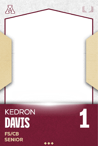 A sports card design featuring the name Kedron Davis with the number 1 and positions FS/CB Senior on a maroon background with beige and white accents. Description generated by AI