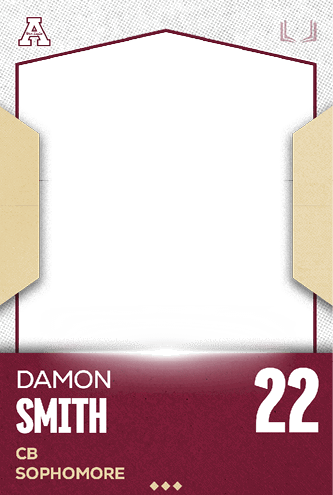 A sports card design features the name Damon Smith, the number 22, and the labels CB and Sophomore on a maroon and white background with a stylized border. Description generated by AI