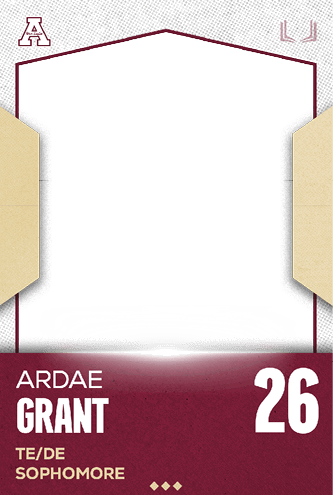 A sports card design featuring the name Ardae Grant, position TE/DE, sophomore status, and the number 26 on a maroon and beige background. Description generated by AI