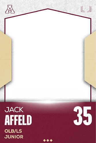 A sports card design features the name Jack Affeld with the number 35, position OLB/LS, and class Junior on a maroon and beige background with a blank white space in the center. Description generated by AI