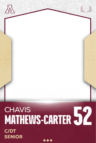 A sports card design with a maroon and white color scheme featuring the name Mathews-Carter, the number 52, and the position C/DT for a senior player from Chavis. Description generated by AI