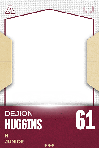 A sports card design featuring the name DeJion Huggins, the number 61, and the label Junior on a maroon and beige background. Description generated by AI