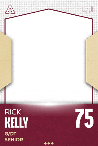 A sports card design with a maroon and beige color scheme featuring the name Rick Kelly, position G/DT, senior status, and the number 75. Description generated by AI