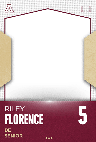 A sports card design with a maroon and beige color scheme featuring the name Riley Florence, the number 5, and the labels DE and Senior. Description generated by AI