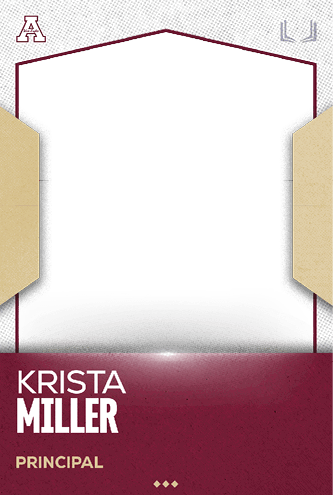 A maroon and beige graphic design with the name Krista Miller and the title Principal displayed at the bottom. Description generated by AI