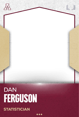 A stylized card with a maroon border and background features the name Dan Ferguson and the title Statistician in bold white and beige text. Description generated by AI