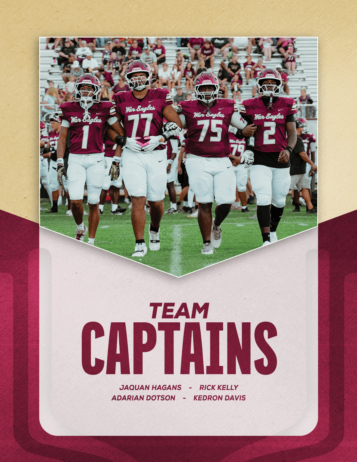 Four people in football uniforms walk together on a field with a crowd in the background above the text reading team captains and listing four names. Description generated by AI