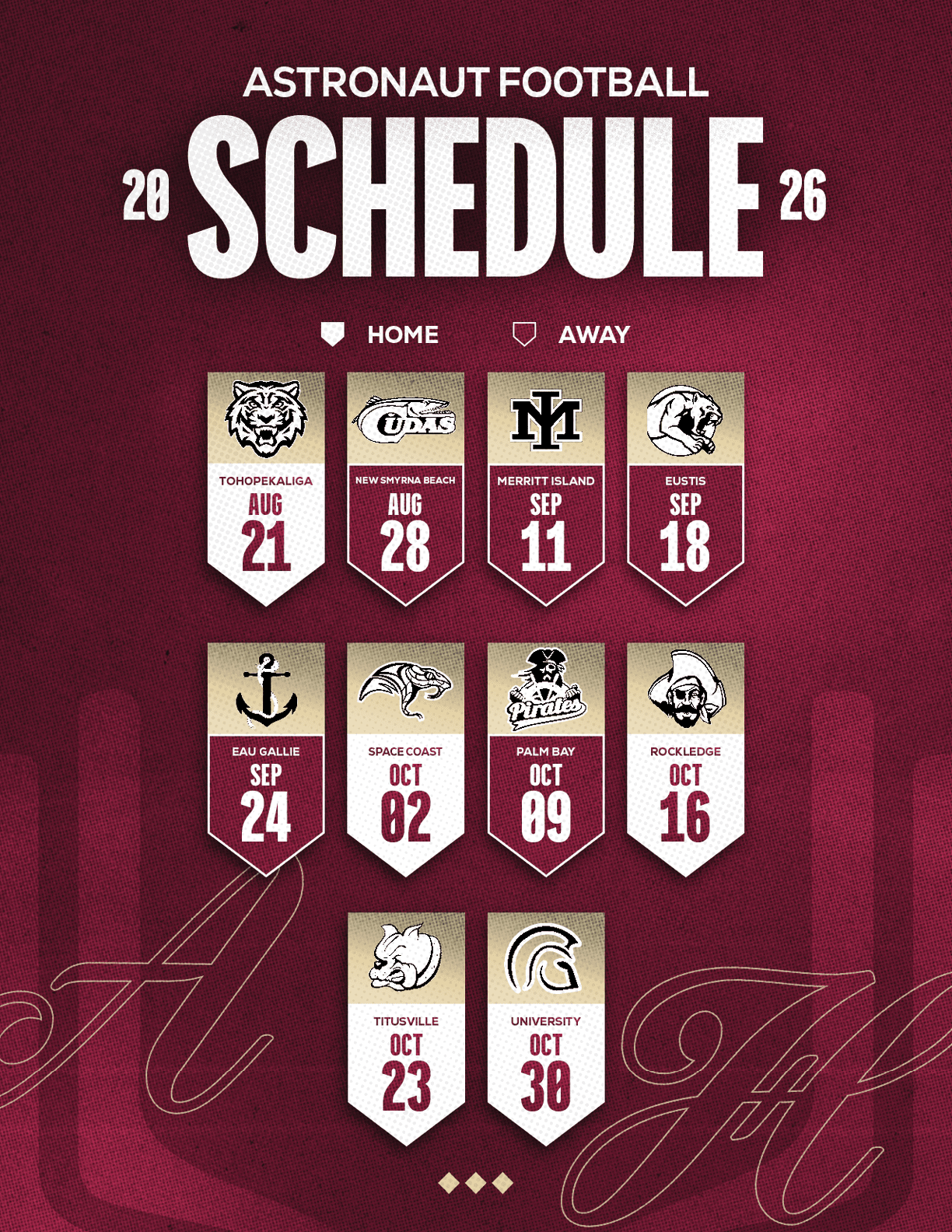The 2026 Astronaut Football schedule is displayed with team logos and dates for home and away games on a maroon background. Description generated by AI