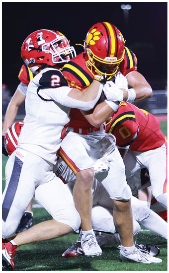 Two football players wearing blue and white uniforms. Description generated by AI