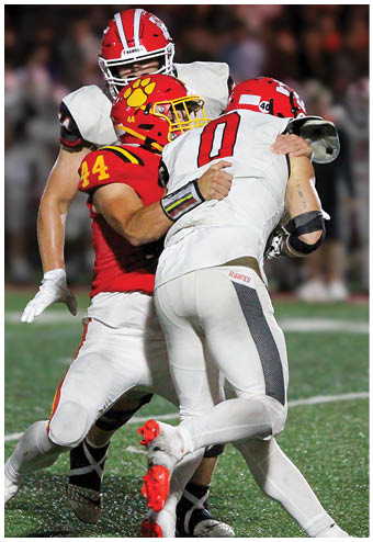 A group of football players celebrating a touchdown. Description generated by AI