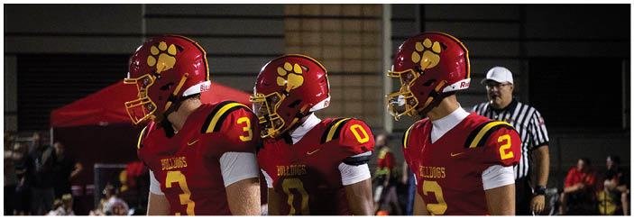A football game is taking place on a field with players wearing blue and white uniforms. Description generated by AI