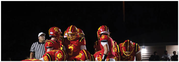 A football game is taking place on a field with players wearing blue and white uniforms. Description generated by AI