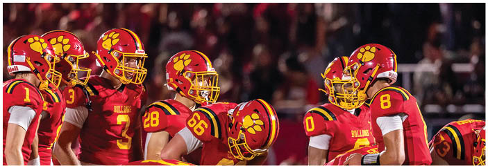 A football game is taking place on a field with players wearing blue and white uniforms. Description generated by AI