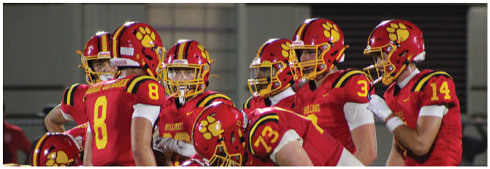 A football game is taking place on a field with players wearing blue and white uniforms. Description generated by AI