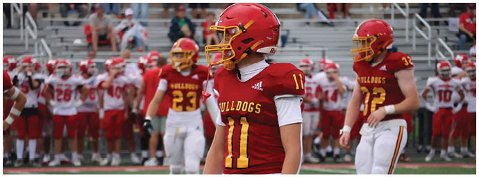 A football player wearing a blue and white uniform. Description generated by AI