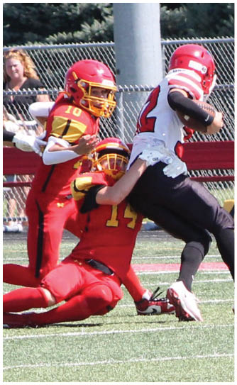 A football player catching a ball. Description generated by AI